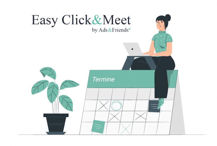 Click & Meet: Frau sitzt mit Computer auf einem Kalender